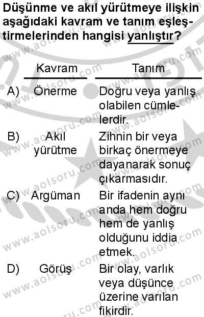 Felsefe 1 Dersi 2024-2025 yılı 3. Dönem sınavı 7. Soru