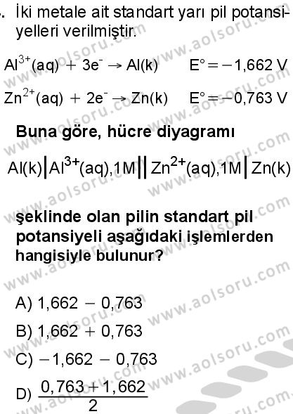 Seçmeli Kimya 3 Dersi 2024-2025 yılı 3. Dönem sınavı 4. Soru