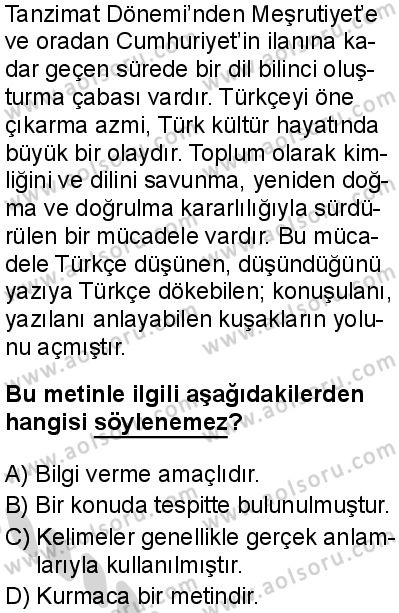 Türk Dili ve Edebiyatı 1 Dersi 2024-2025 yılı 3. Dönem sınavı 3. Soru