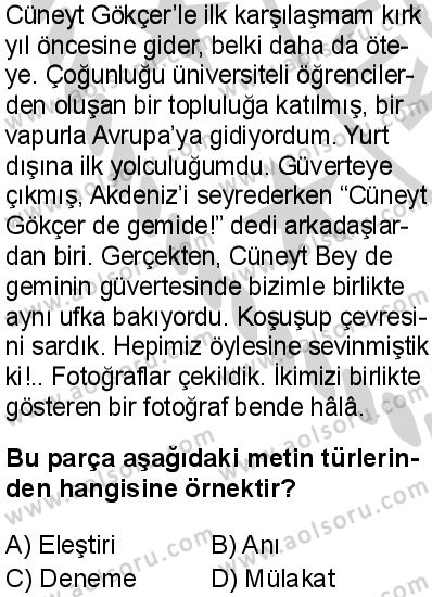 Türk Dili ve Edebiyatı 1 Dersi 2024-2025 yılı 3. Dönem sınavı 7. Soru