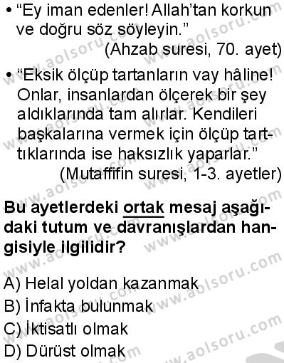 Din Kültürü ve Ahlak Bilgisi 4 Dersi 2024-2025 yılı 3. Dönem sınavı 3. Soru
