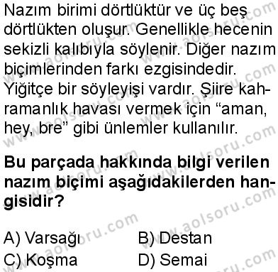 Türk Dili ve Edebiyatı 3 Dersi 2024-2025 yılı 3. Dönem sınavı 9. Soru