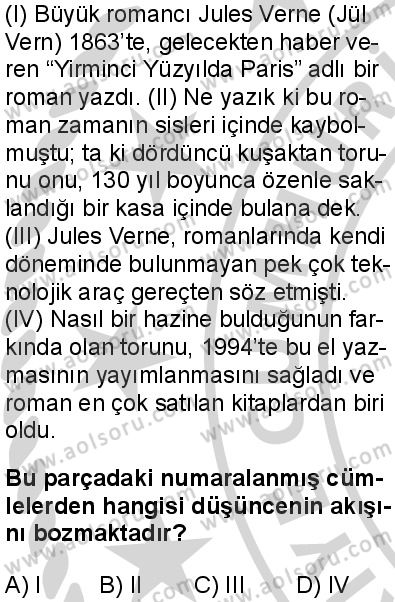 Seçmeli Türk Dili ve Edebiyatı 1 Dersi 2024-2025 yılı 3. Dönem sınavı 1. Soru