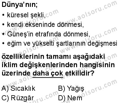 Coğrafya 1 Dersi 2025-2026 yılı 1. Dönem sınavı 8. Soru