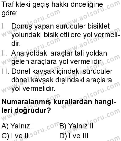 Sağlık Bilgisi ve Trafik Kültürü 2 Dersi 2025-2026 yılı 1. Dönem sınavı 6. Soru