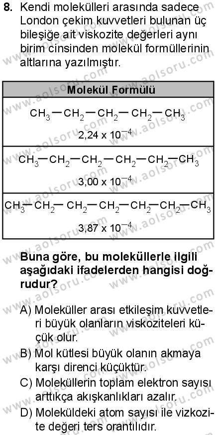 Kimya 2 Dersi 2025-2026 yılı 1. Dönem sınavı 8. Soru