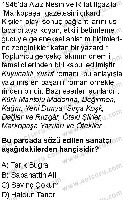 Türk Dili ve Edebiyatı 8 Dersi 2025-2026 yılı 1. Dönem sınavı 10. Soru