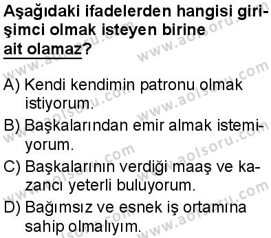 Seçmeli Girişimcilik 1 Dersi 2025-2026 yılı 1. Dönem sınavı 9. Soru