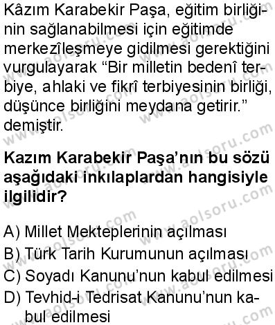 T.C. İnklap Tarihi ve Atatürkçülük 1 Dersi 2025-2026 yılı 1. Dönem sınavı 8. Soru