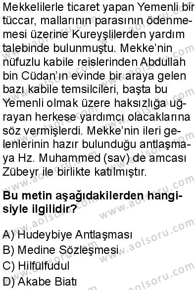 Seçmeli Peygamberimizin Hayatı 1 Dersi 2025-2026 yılı 1. Dönem sınavı 3. Soru