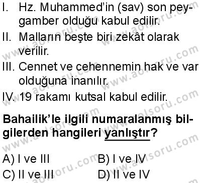 Dinler Tarihi 2 Dersi 2025-2026 yılı 1. Dönem sınavı 9. Soru