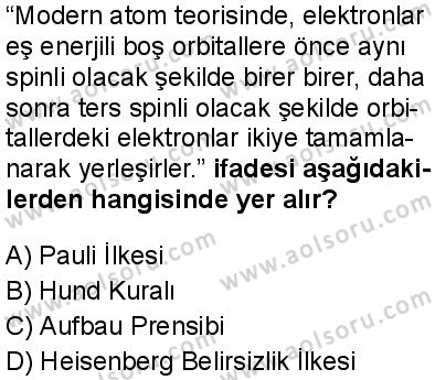 Seçmeli Kimya 1 Dersi 2025-2026 yılı 1. Dönem sınavı 1. Soru