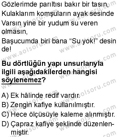 Türk Dili ve Edebiyatı 2 Dersi 2025-2026 yılı 1. Dönem sınavı 6. Soru