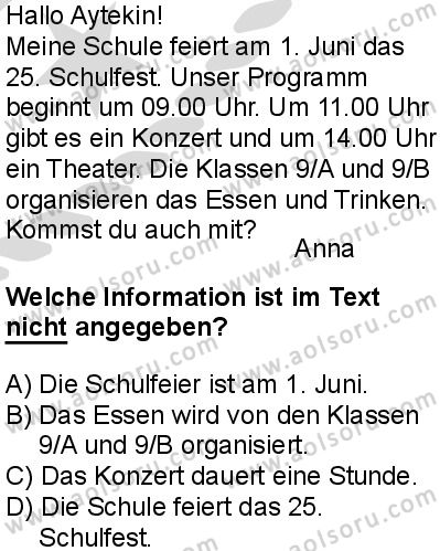 Almanca 1 Dersi 2025-2026 yılı 2. Dönem sınavı 10. Soru