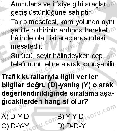 Sağlık Bilgisi ve Trafik Kültürü 2 Dersi 2025-2026 yılı 2. Dönem sınavı 2. Soru