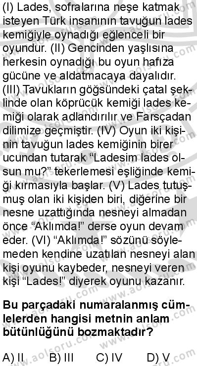 Türk Dili ve Edebiyatı 7 Dersi 2025-2026 yılı 2. Dönem sınavı 5. Soru