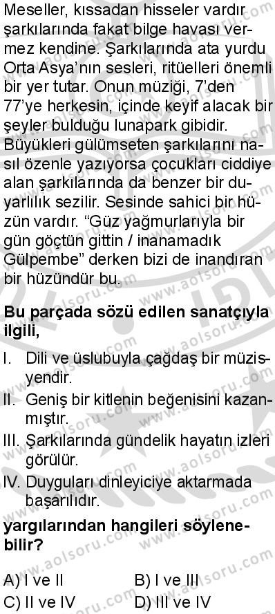 Türk Dili ve Edebiyatı 8 Dersi 2025-2026 yılı 2. Dönem sınavı 3. Soru