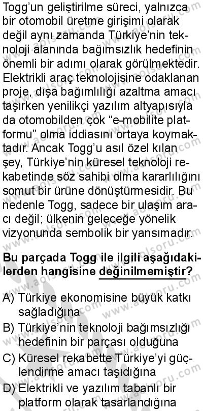 Türk Dili ve Edebiyatı 8 Dersi 2025-2026 yılı 2. Dönem sınavı 4. Soru