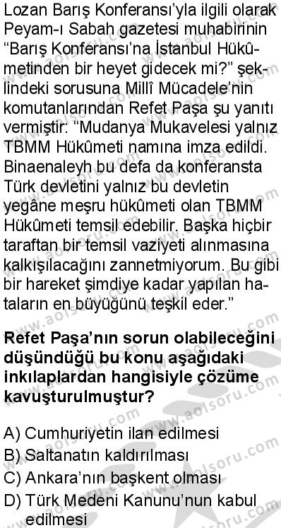 T.C. İnklap Tarihi ve Atatürkçülük 1 Dersi 2025-2026 yılı 2. Dönem sınavı 8. Soru