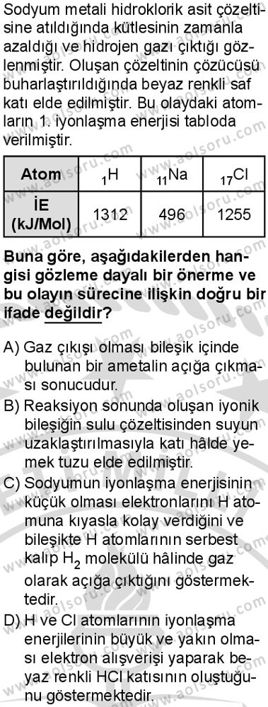Kimya 1 Dersi 2025-2026 yılı 2. Dönem sınavı 10. Soru