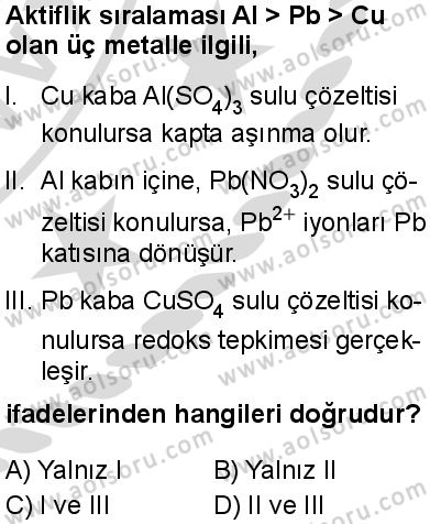 Seçmeli Kimya 3 Dersi 2025-2026 yılı 2. Dönem sınavı 3. Soru