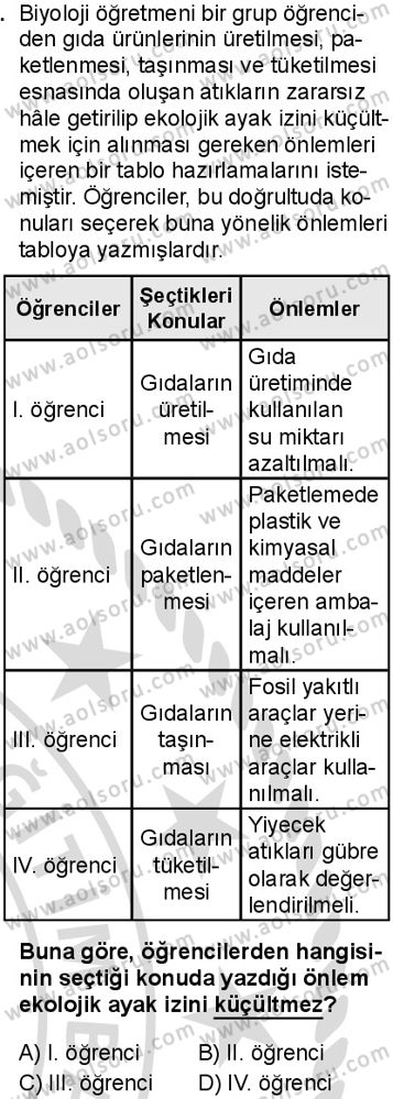 Biyoloji 4 Dersi 2025-2026 yılı 2. Dönem sınavı 9. Soru