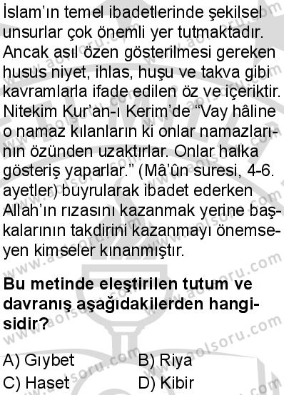 Temel Dini Bilgiler 2 Dersi 2025-2026 yılı 2. Dönem sınavı 9. Soru