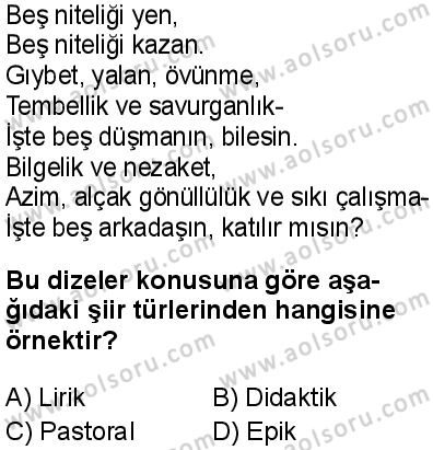 Türk Dili ve Edebiyatı 1 Dersi 2025-2026 yılı 2. Dönem sınavı 7. Soru