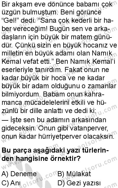 Türk Dili ve Edebiyatı 1 Dersi 2025-2026 yılı 2. Dönem sınavı 9. Soru