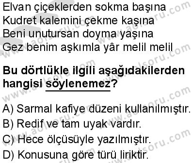 Türk Dili ve Edebiyatı 3 Dersi 2025-2026 yılı 2. Dönem sınavı 8. Soru