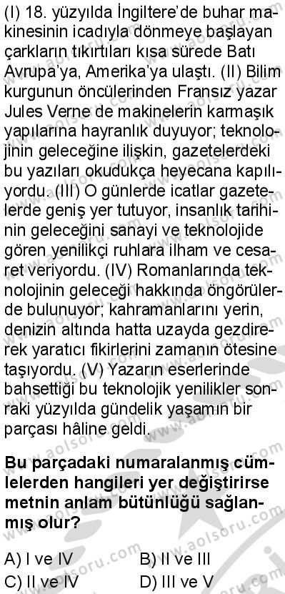 Türk Dili ve Edebiyatı 6 Dersi 2025-2026 yılı 2. Dönem sınavı 4. Soru